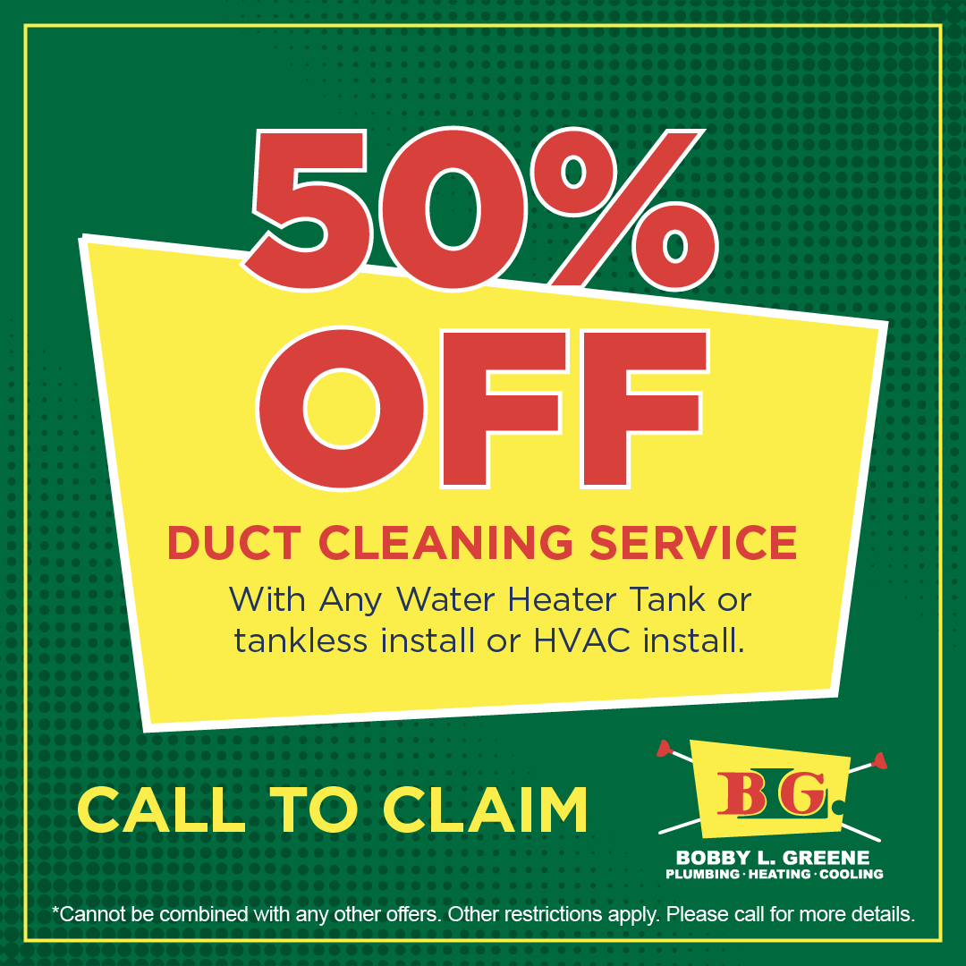 50% off duct cleaning service with HVAC installation, call to claim offer by BG Plumbing Heating Cooling.