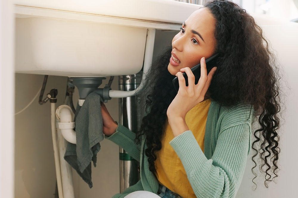 Woman calling plumber while checking leak under kitchen sink, holding a towel.