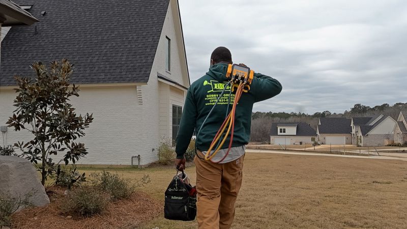 Technician carrying tools and equipment towards house, ready for plumbing or HVAC repair in a suburban neighborhood.